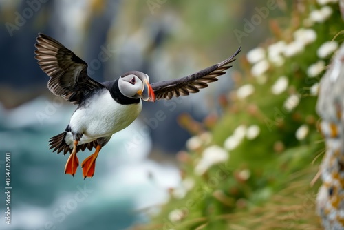 Migratory Atlantic puffins birds. Wild seabirds with orange beak sitting in water. Generate ai