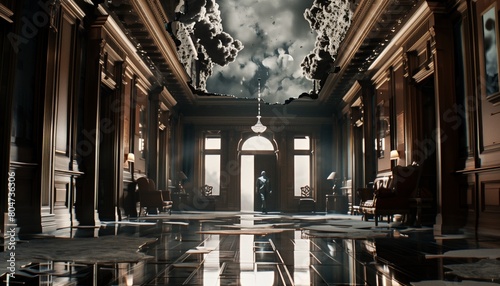 Surreal indoor color photograph of an opulent receiving hall with marble flooring, statuary, columns and open ceiling with cloudy sky. From the series �Recurring Dreams.�