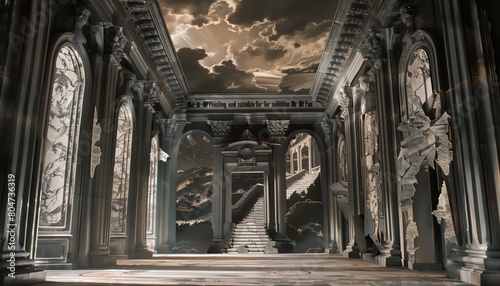 Surreal color illustration of an empty receiving hall in a grand palace, skewed perspective, and the ceiling open to cloudy sky. From the series �Recurring Dreams.� photo