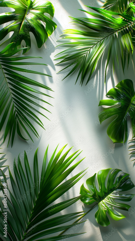 Tropical palm leaves on white wall background with copy space.