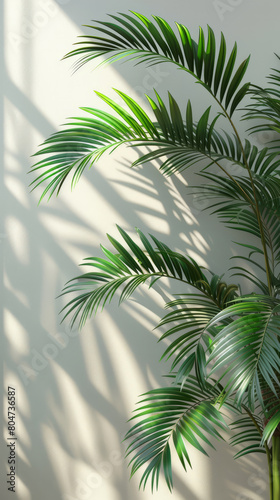 Palm leaves on white wall background.