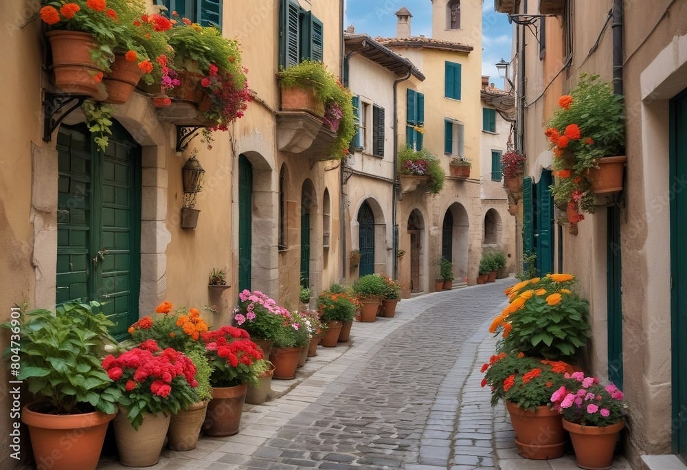 A narrow cobblestone street lined with potted plant,3d illustration created with generative ai. A narrow cobblestone street lined with potted plant,3d illustration created with generative ai.