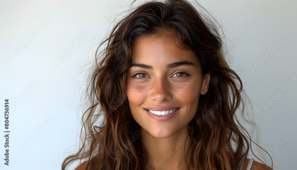 Naklejka premium Beauty portrait of African American girl with clean healthy skin on beige background. Smiling dreamy beautiful black woman.Curly hair in afro style