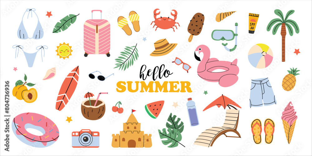 Large vector Summer set. Hello summer. Ice cream, swimming lap, fruits, swimsuit, ball, leaves, sand castle, seashells. Collection of summer elements for scrapbooking. Hand drawn style. Summer poster. Large vector Summer set. Hello summer. Ice cream, swimming lap, fruits, swimsuit, ball, leaves, sand castle, seashells. Collection of summer elements for scrapbooking. Hand drawn style. Summer poster.