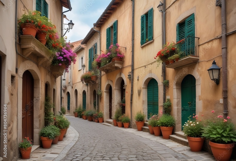 A narrow cobblestone street lined with potted plant,3d illustration created with generative ai.