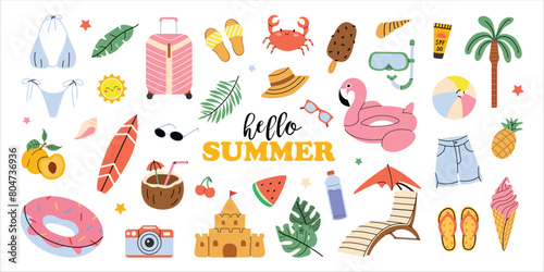 Large vector Summer set. Hello summer. Ice cream, swimming lap, fruits, swimsuit, ball, leaves, sand castle, seashells. Collection of summer elements for scrapbooking. Hand drawn style. Summer poster. © Hanna Perelygina
