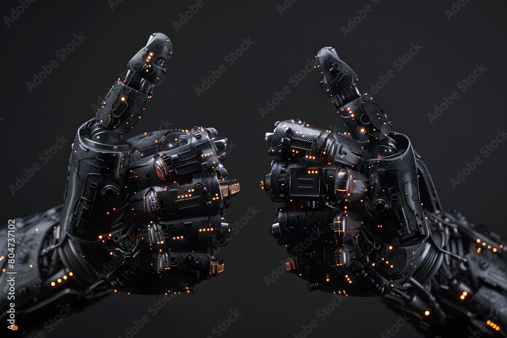 Highly detailed robotic hands showing thumbs up gesture. The image is isolated on black background.