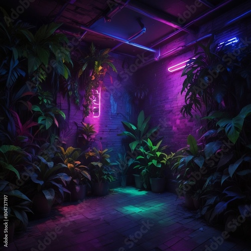 A room with plants and a brick wall  background with neon lights 3d illustration created with generative ai.