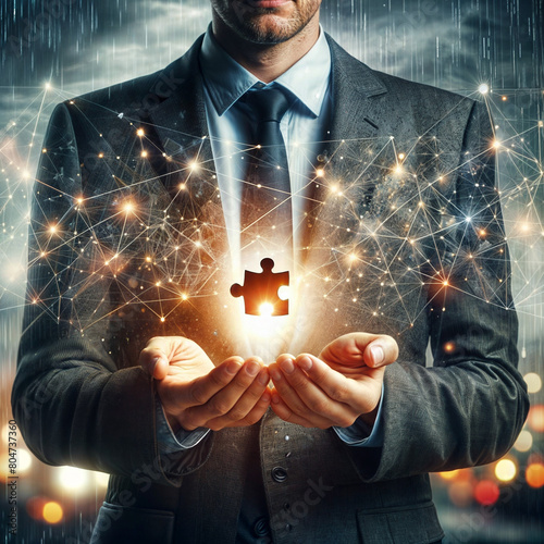 A man in a suit holding a puzzle piece in his hands ,3d illustration created with generative ai. photo