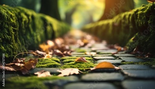 photo of a dirty mossy sidewalk with a few leaves scattered around photo