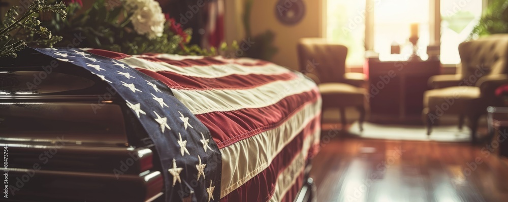 Poster Print American flag draped a coffin at military funeral inside a church representing 50x19.9 cm