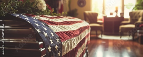 American flag draped a coffin at military funeral inside a church, representing honor and sacrifice photo