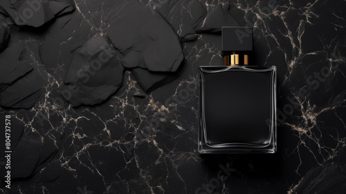 black bottle of perfume with stones, mockup