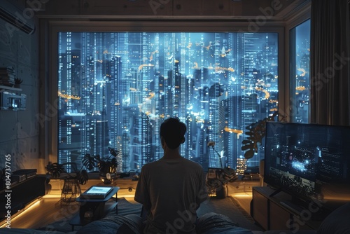 Entrepreneur planning his next move on a giant live ticker display inside his modern apartment.