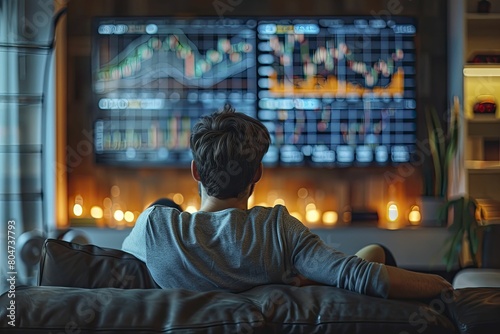 Using real-time market data on his massive ticker display, the entrepreneur strategizes his next business move in his sleek apartment.