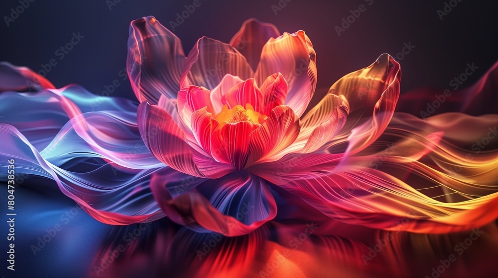 Flowing, colorful lights create a mesmerizing portrait of a flower in a studio.