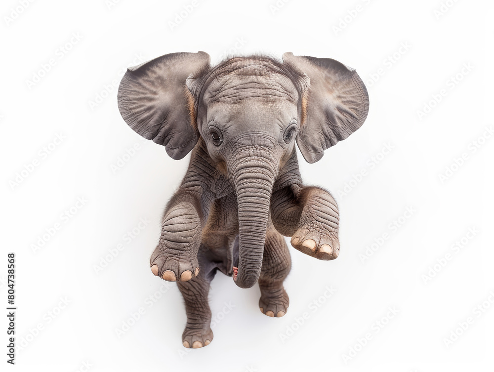 Fototapeta premium Playful baby elephant on white background - Joyful baby elephant captured mid-play against a pure white backdrop, displaying happiness