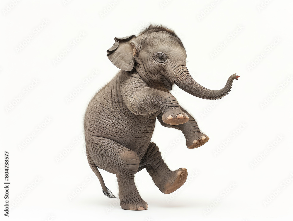 Obraz premium Playful baby elephant on white background - Joyful baby elephant captured mid-play against a pure white backdrop, displaying happiness