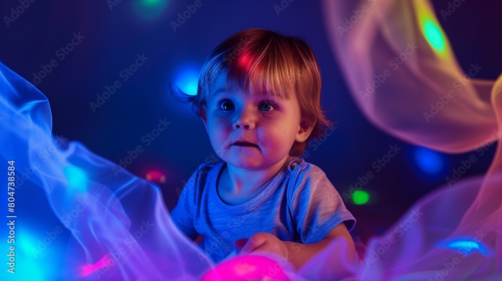 Fototapeta premium A child amid flowing, colorful lights, exuding innocence in a studio portrait.