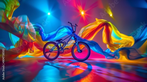 Surreal and colorful lights wrap around a bicycle in an otherworldly portrait.