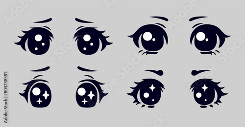 Set of 90's black and white retro anime style eyes on a grey background.