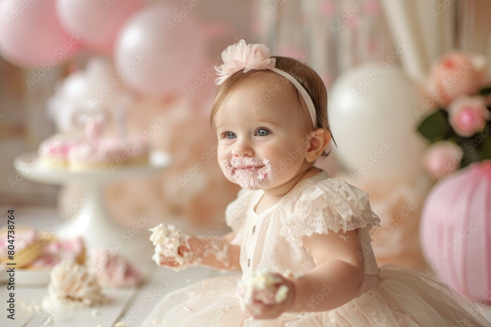 Fototapeta premium Delightful Baby girl birthday. Party kid funny. Generate Ai