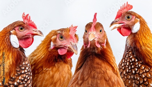 portrait of four hens closeup isolated on a white background