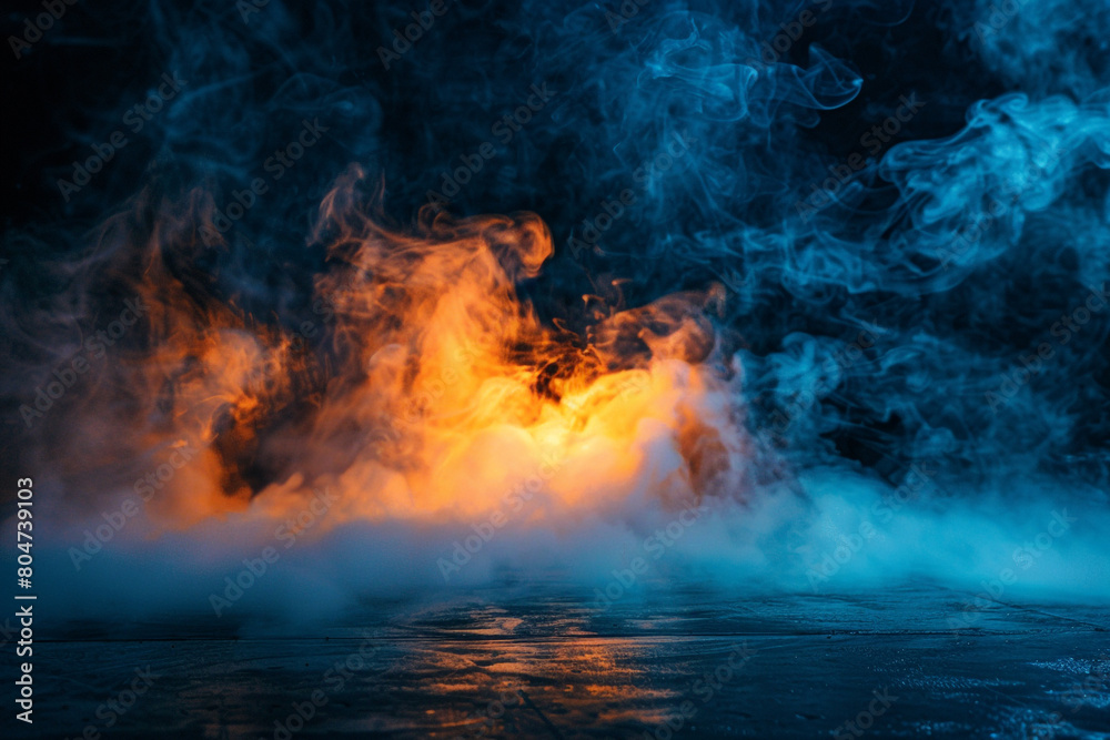 A stage filled with icy blue smoke under a bright orange spotlight, providing a cool, invigorating look against a black background.