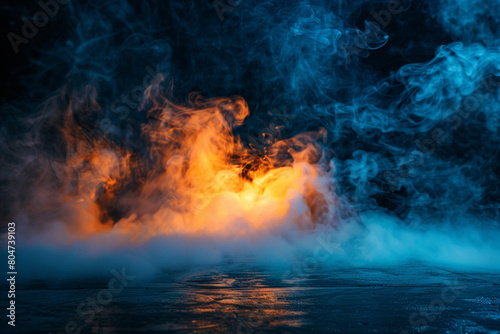 A stage filled with icy blue smoke under a bright orange spotlight  providing a cool  invigorating look against a black background.