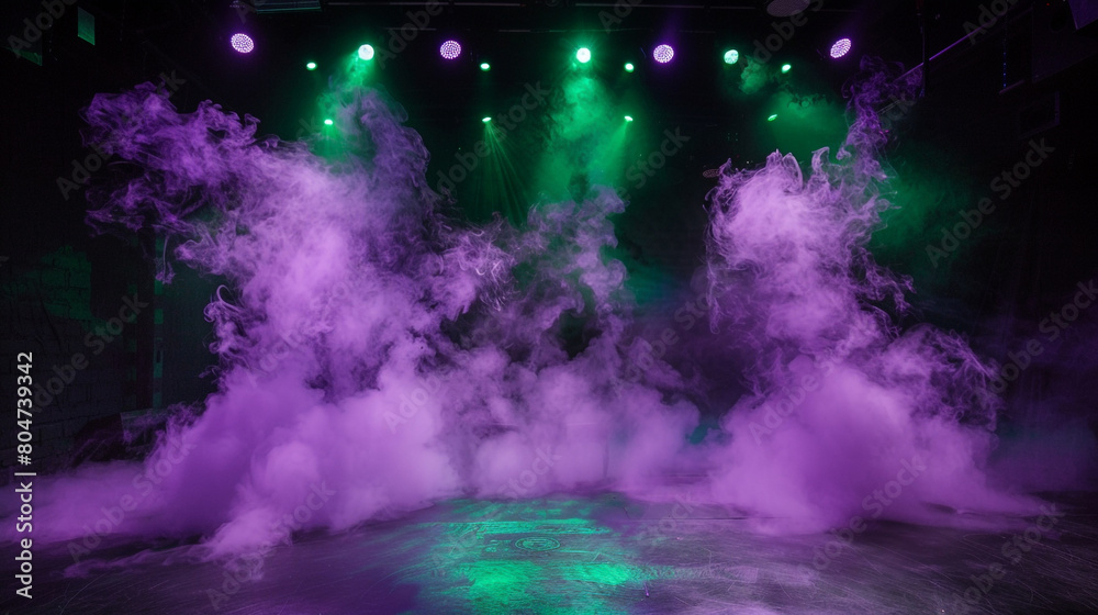 A stage with billowing lavender smoke under a dark green spotlight, providing a soothing, tranquil contrast.