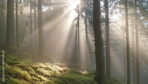 sunbeams through foggy spruce tree forest moss covered forest floor mystical atmosphere