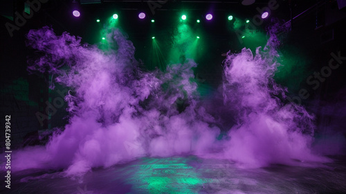 A stage with billowing lavender smoke under a dark green spotlight  providing a soothing  tranquil contrast.