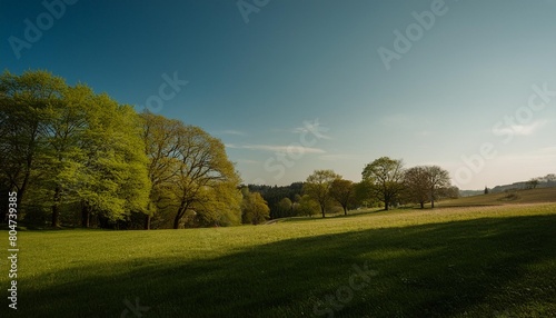 spring landscape with soft lighting showcasing green leaves and blue sky
