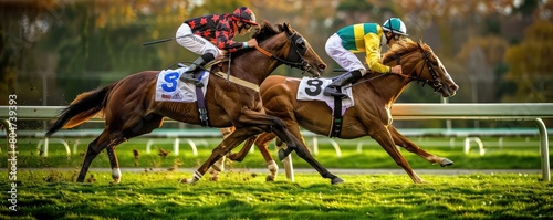Dynamic capture of horse racing action with jockeys striving to win in a high-stakes competition photo