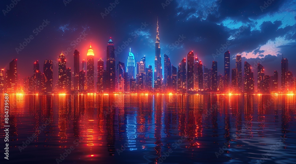 3d rendering of dubai skyline at night with neon lights and reflection in the water. Beautiful cityscape background. Blue, orange and red color theme.