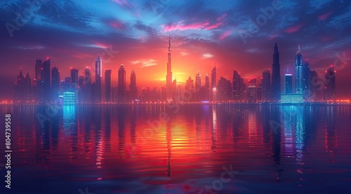 3d rendering of dubai skyline at night with neon lights and reflection in the water. Beautiful cityscape background. Blue  orange and red color theme. 