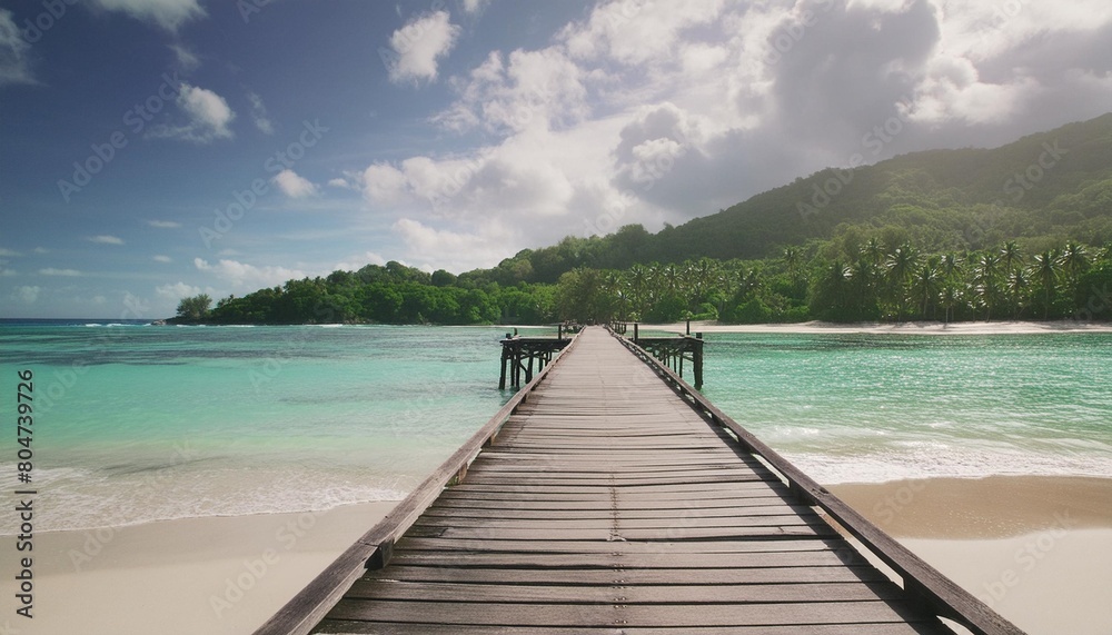 wooden pier on tropical beach at seychelles mahe