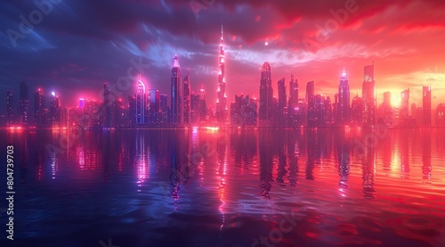 3d rendering of dubai skyline at night with reflection in the water. Bright neon lights and city skyscrapers at dusk. Digital illustration of modern architecture