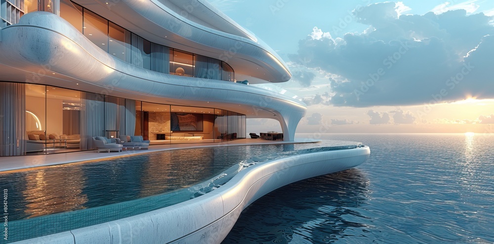 3D rendering of luxury cruise ship with large outdoor pool on the deck, overlooking ocean view 3D rendering of luxury cruise ship with large outdoor pool on the deck, overlooking ocean view
