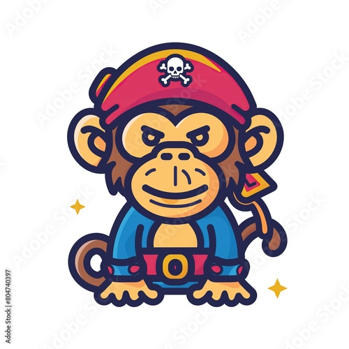 Minimalistic cartoon monkey pirate in vector 2D style on a white background