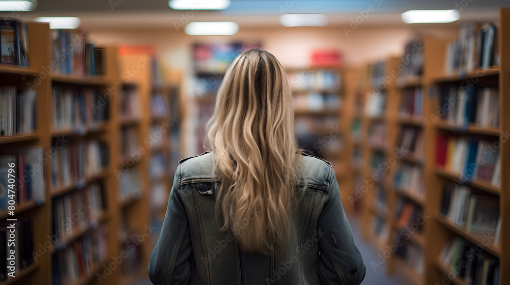 Rear view of a woman standing in front of a bookshelf searching for information in the library. Rear view of a woman standing in front of a bookshelf searching for information in the library.