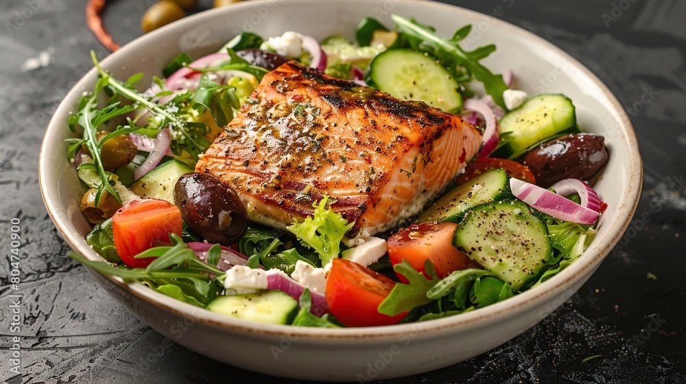 Greek salad with grilled salmon fish. Traditional mediterranean cuisine. Generative Ai Greek salad with grilled salmon fish. Traditional mediterranean cuisine. Generative Ai