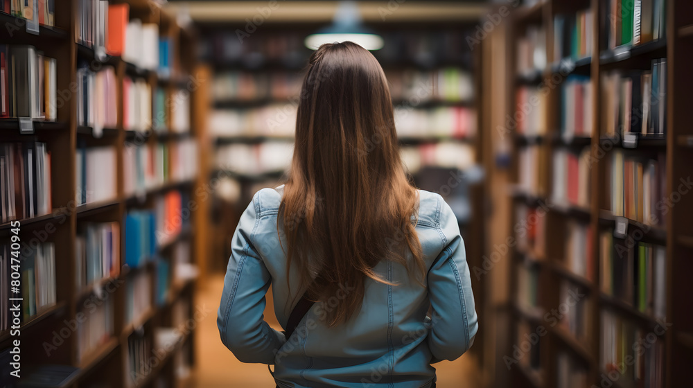 Rear view of a woman standing in front of a bookshelf searching for information in the library. Rear view of a woman standing in front of a bookshelf searching for information in the library.