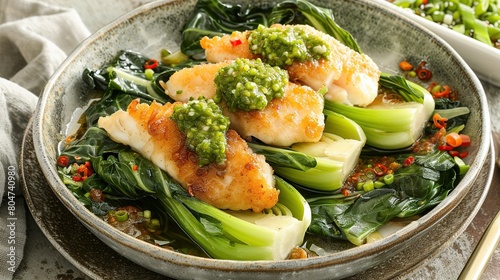 green bok choy with fried tilapia and green chili sauce. Generative Ai photo
