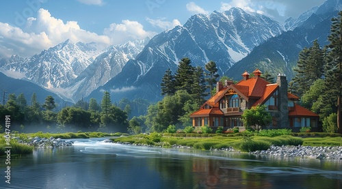 A beautiful house in the middle of kashmiri village with green grass and river flowing, a red roofed white building on right side, dark mountains behind photo