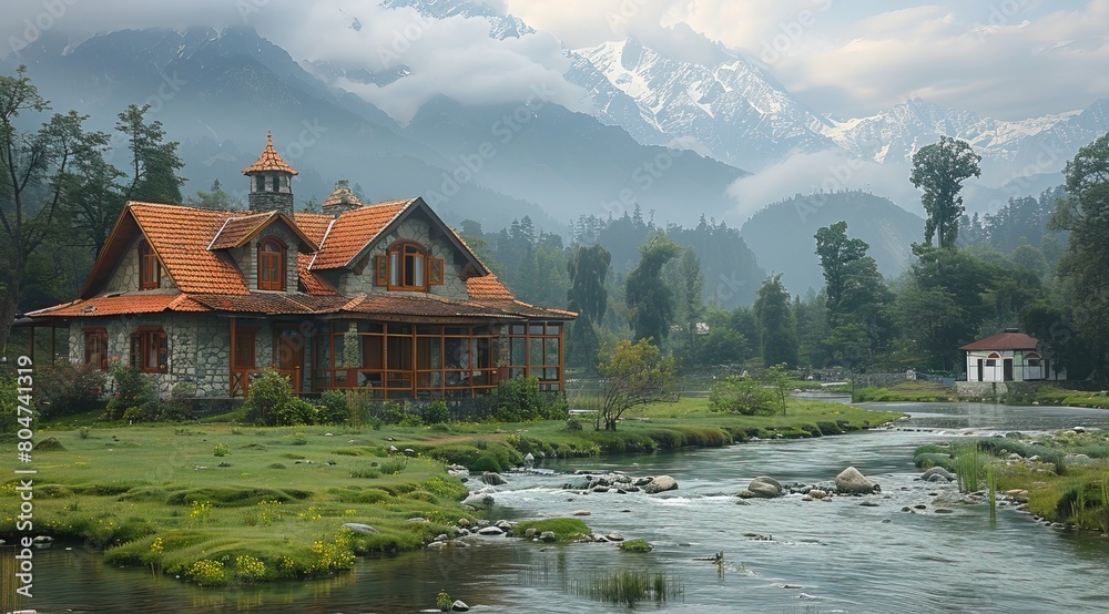 Fototapeta premium A beautiful house in the middle of kashmiri village with green grass and river flowing, a red roofed white building on right side, dark mountains behind