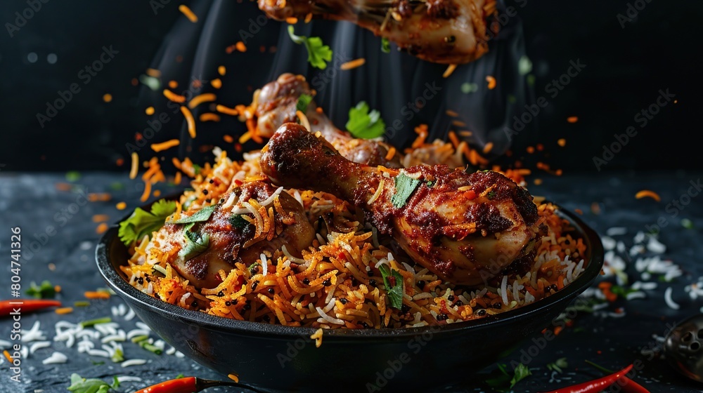 indian chicken biryani, Spicy chicken biryani food photography, flying