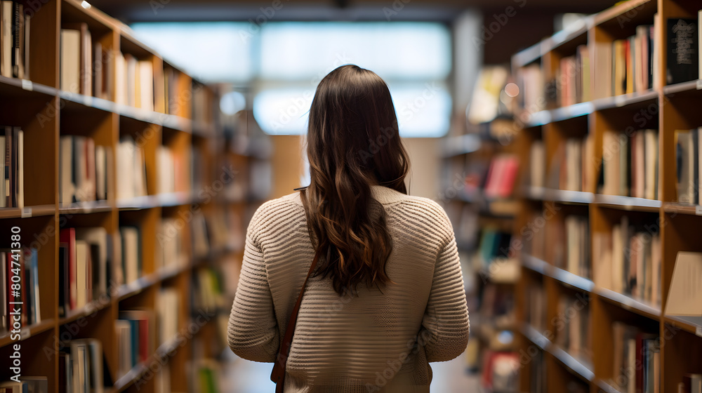 Rear view of a woman standing in front of a bookshelf searching for information in the library. Rear view of a woman standing in front of a bookshelf searching for information in the library.