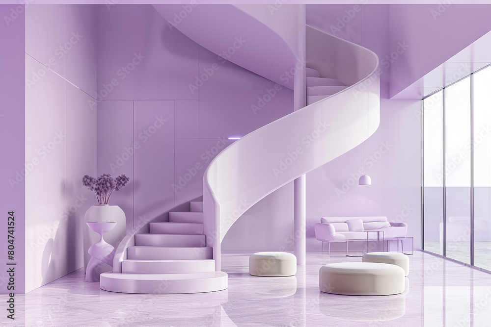 Contemporary American entrance hall in a gentle lavender, featuring a spiral staircase and minimalist furniture. Contemporary American entrance hall in a gentle lavender, featuring a spiral staircase and minimalist furniture.