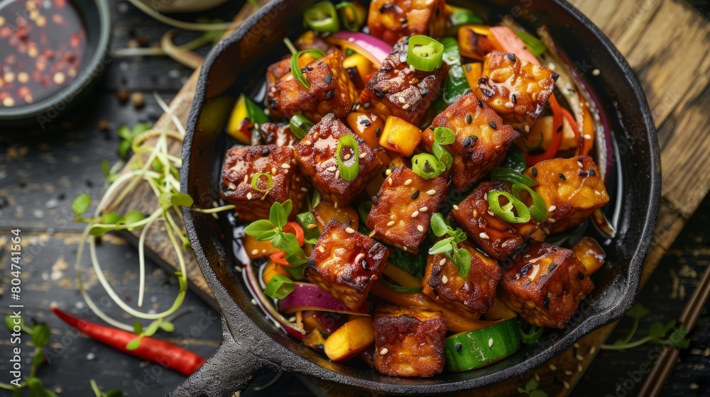 Delicious spicy tofu stir fry with fresh vegetables in cast iron skillet Delicious spicy tofu stir fry with fresh vegetables in cast iron skillet